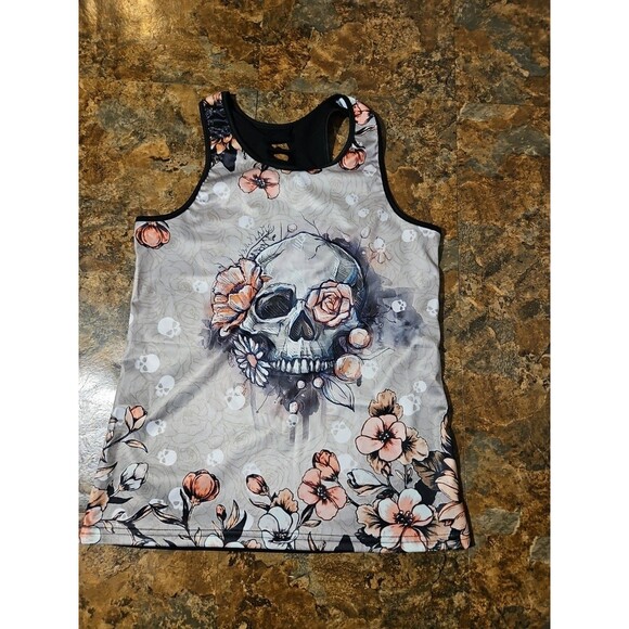 Skull Tank Floral Lace Back Lg Sister Army Tank Top (A182) - Picture 10 of 10